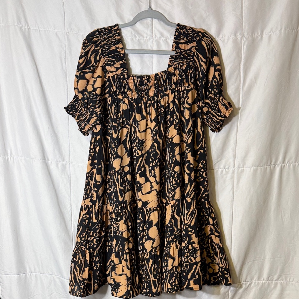 Joy Joy Black Tan Abstract Print Smocked Square Neck Dress Size M‎